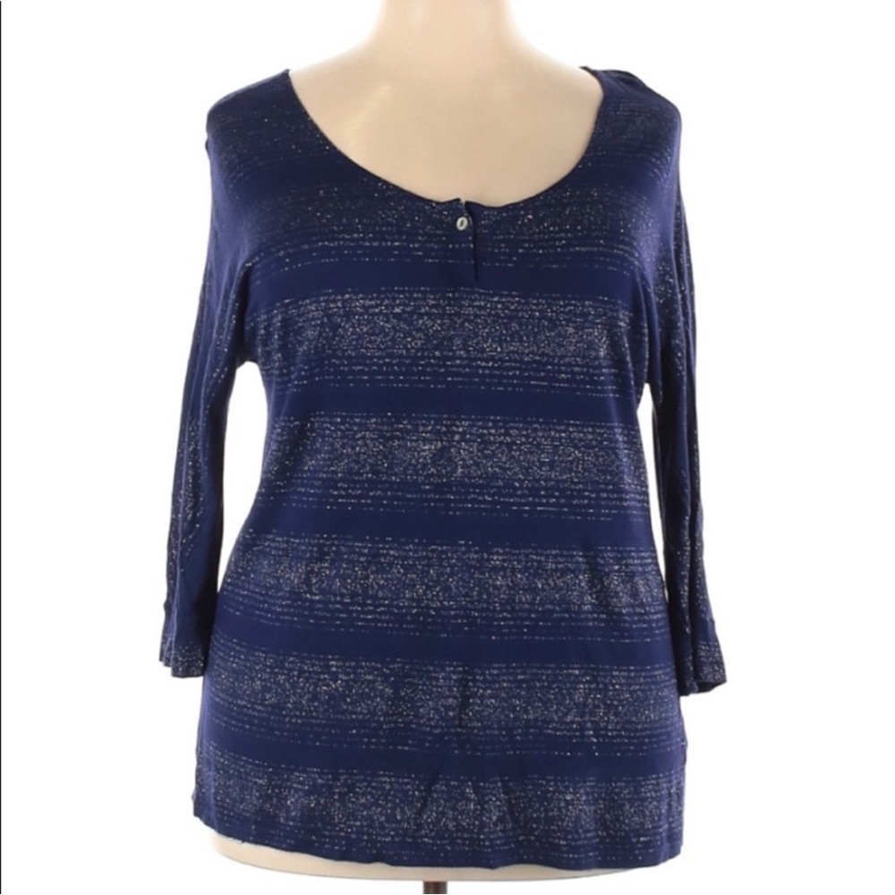 Old Navy 3/4 Sleeve Blue and Shiny Silver Striped Henley Size XXL
